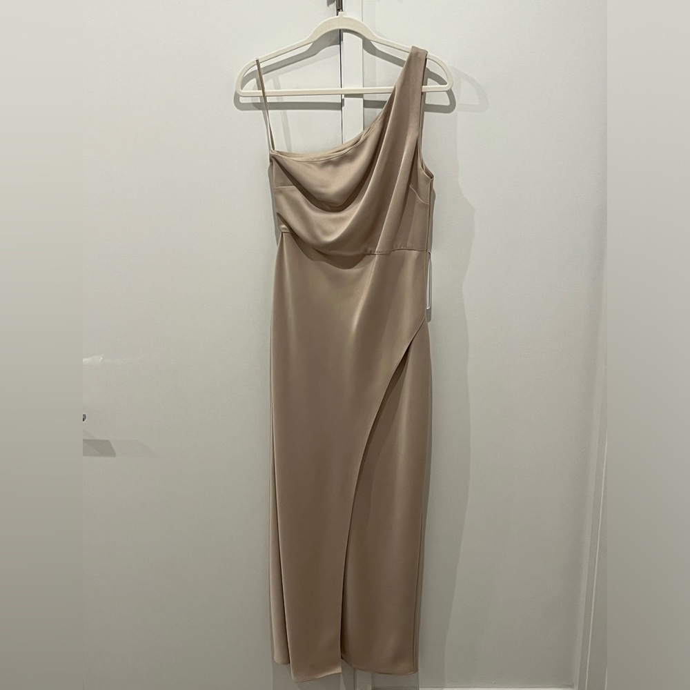 BHLDN Anthropologie Dylan Satin One Shoulder High Slit Champagne Bridesmaid Gown